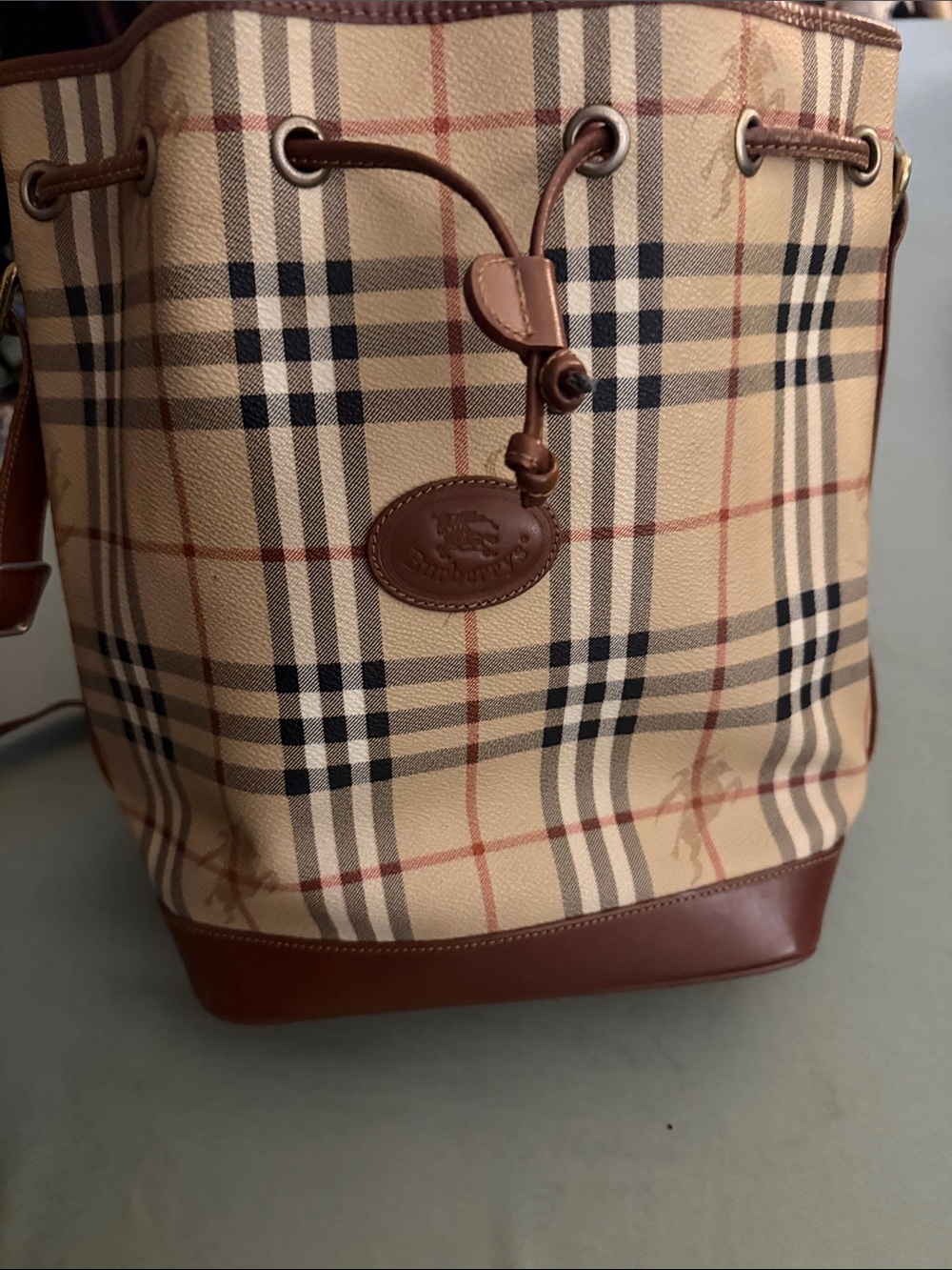 Burberry Beige Check Drawstring Messenger Bag with Brown Trim